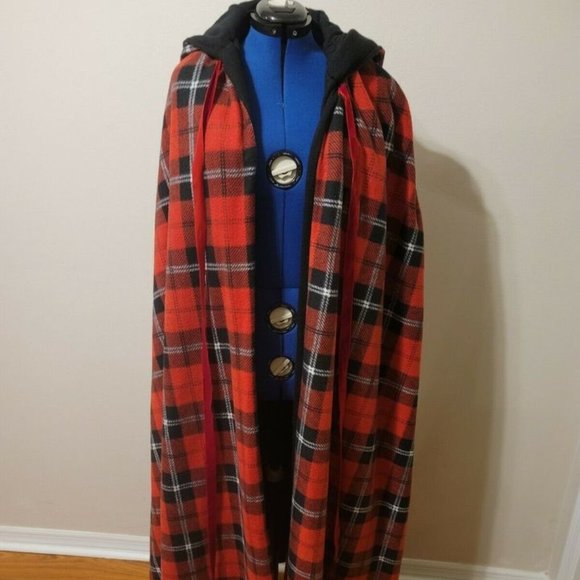 Handmade Floor Length Flannel Fleece Jacket Poncho Parka Cape W/ Hood Red Black - Picture 1 of 3
